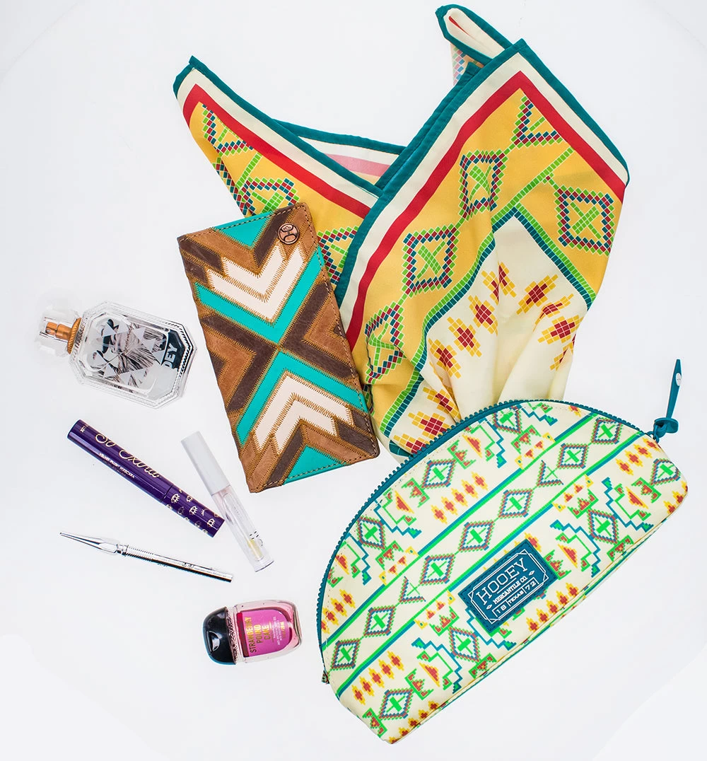 "Hooey Small Accessory Bag" Cream W/Teal Print - Image 6