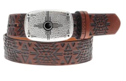 Hooey 'Dakota' Brown Leather Belt With Black Aztec Emboss & Copper Thunderbird Faux Onyx Buckle HWBLT009