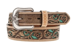 Hooey 'Top Notch' Tapered Natural Leather Feather & Filigree Cutout Turquoise Inlay Belt HMBLT003