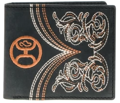 Hooey "RANGER" Bifold Wallet Embroidered Black Leather W Ivory / Brown / Copper Accents HBF016-BK