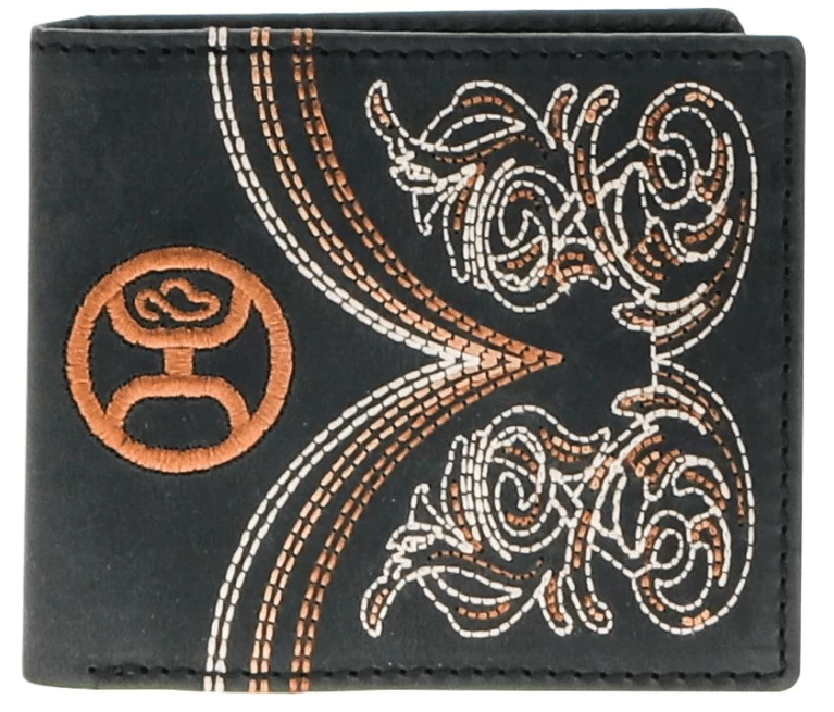 Hooey "RANGER" Bifold Wallet Embroidered Black Leather W Ivory / Brown / Copper Accents HBF016-BK
