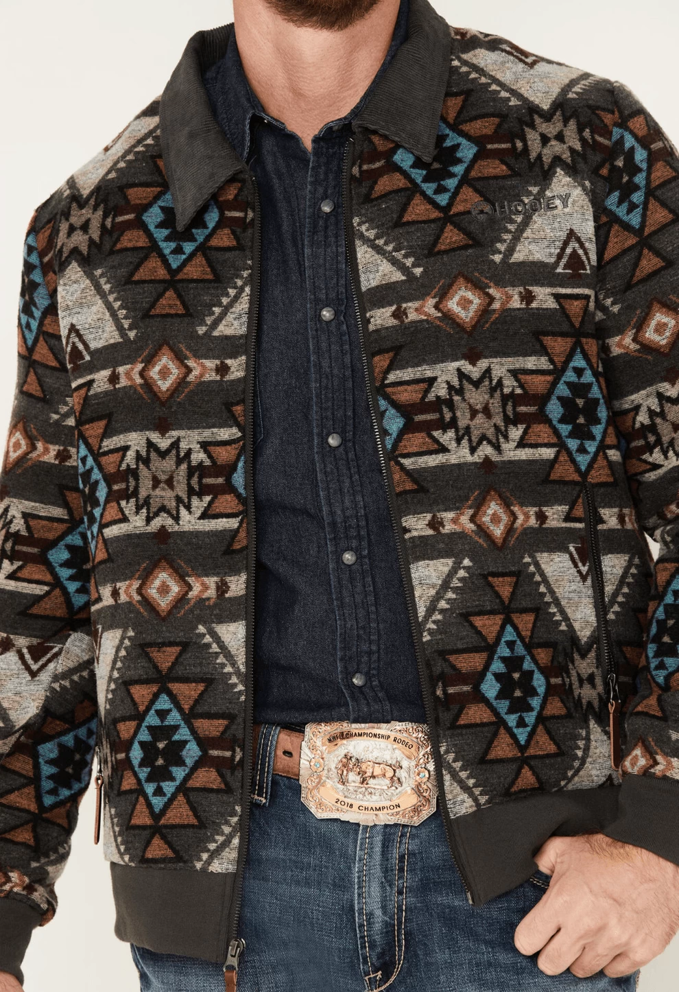 Hooey Men's Grey/Tan Aztec Full Zip Bomber Jacket HJ090BRAZ - Image 3